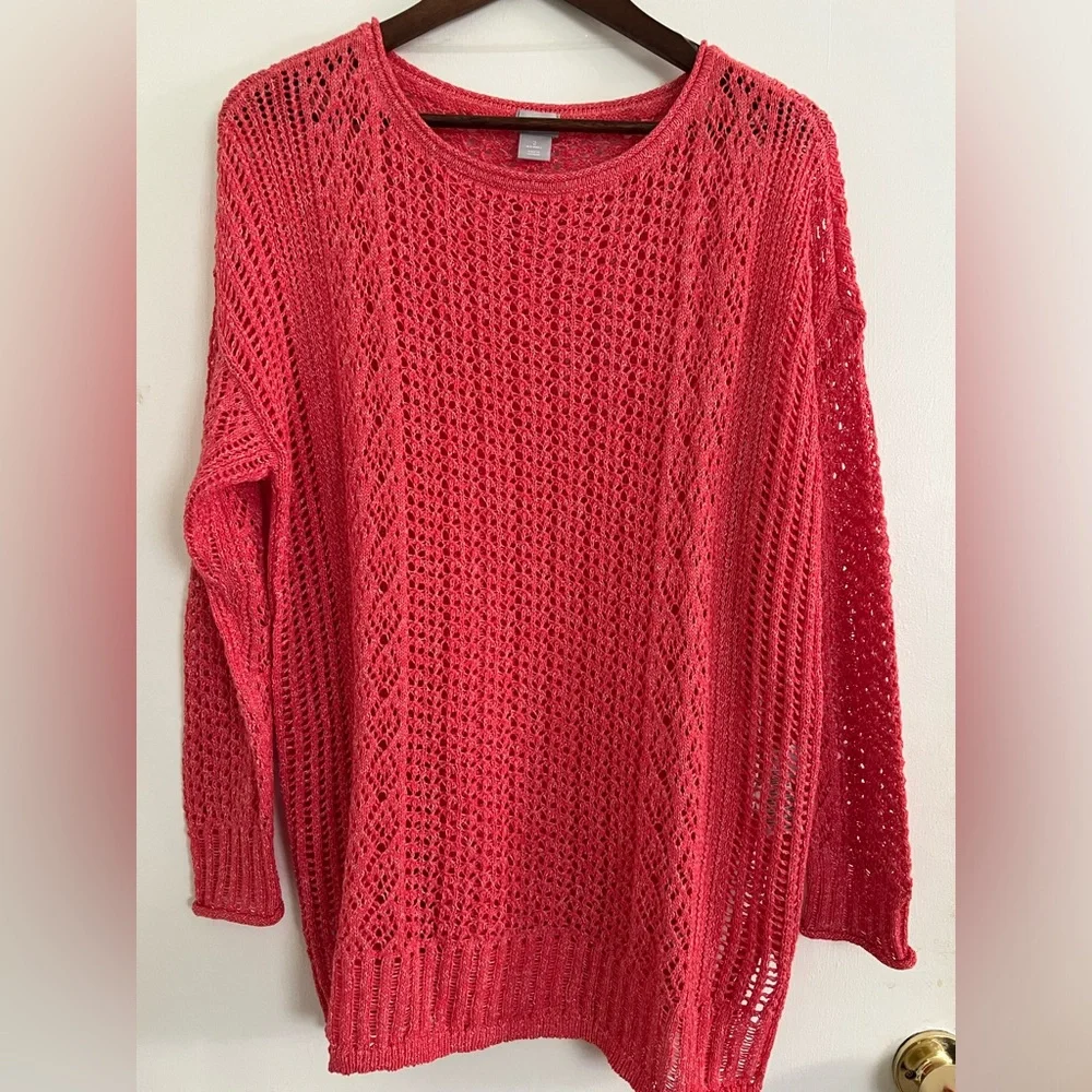 Chico’s Light Lacy Open-Stitch Layering Sweater, Size 2 = L, Size 12